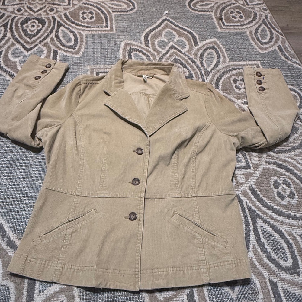 St Johns Bay Womens XL Tan Corduroy Blazer Jacket Stretch Button Front Khaki